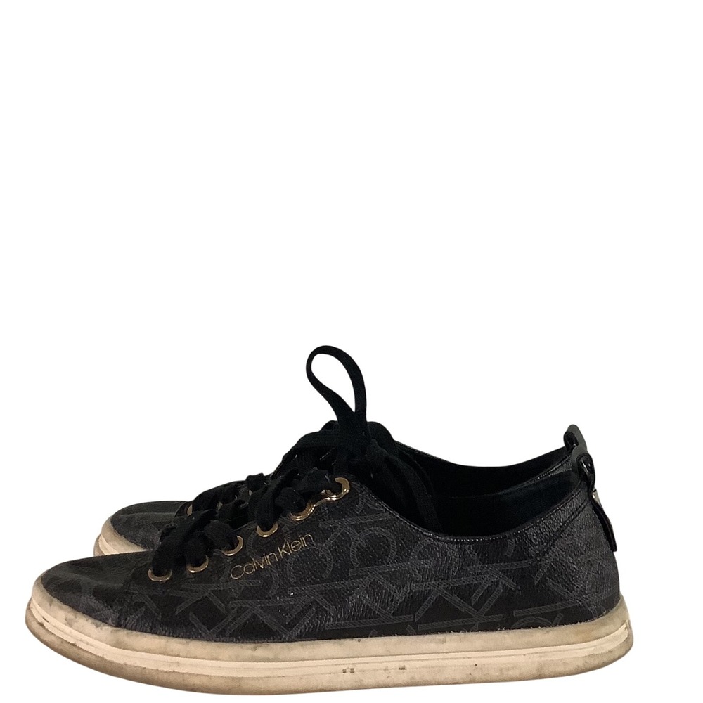 Calvin Klein Womens Monogram Logo Low Top Sneakers Black Gold Hardware Casual
